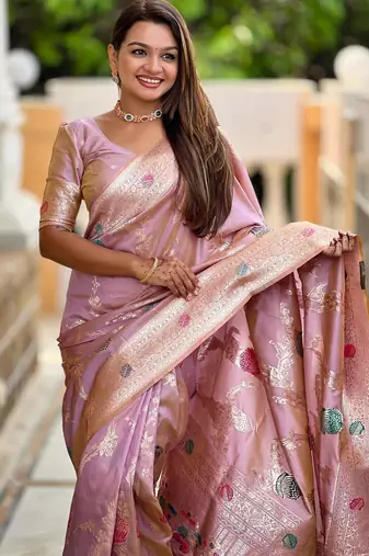 Lavender elegant art silk woven saree with rich zari border