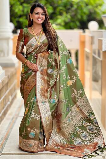 Mehendi elegant art silk woven saree with rich zari border