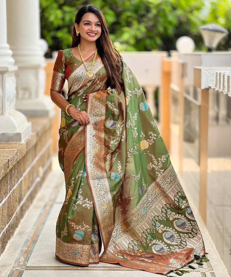 Mehendi elegant art silk woven saree with rich zari border