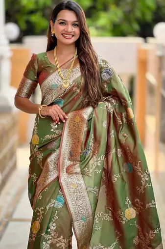 Mehendi elegant art silk woven saree with rich zari border
