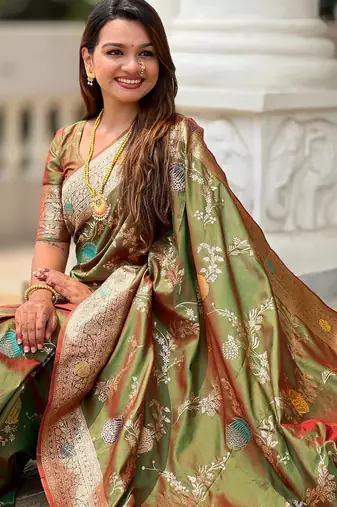 Mehendi elegant art silk woven saree with rich zari border