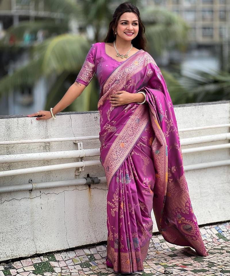 Onion pink elegant art silk woven saree with rich zari border