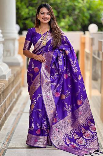 Purple elegant art silk woven saree with rich zari border