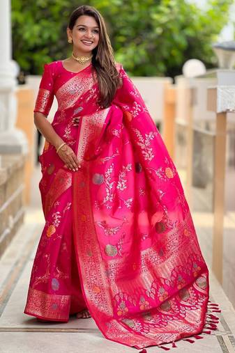 Pink elegant art silk woven saree with rich zari border
