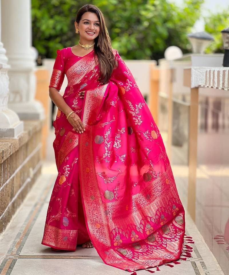 Pink elegant art silk woven saree with rich zari border