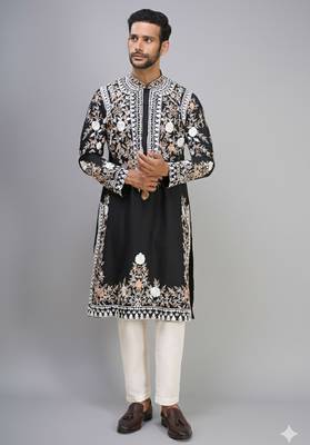 black embroidered silk kurta pant set for men 4