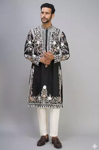 black embroidered silk kurta pant set for men