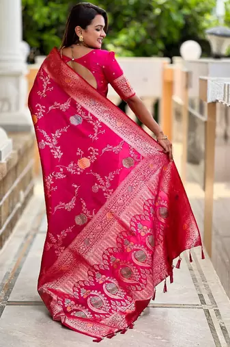 Pink elegant art silk woven saree with rich zari border