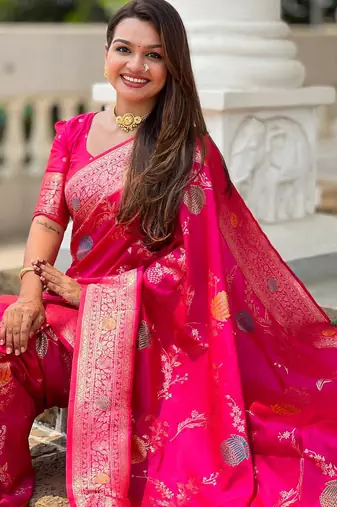 Pink elegant art silk woven saree with rich zari border
