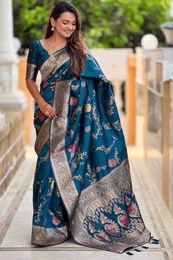 Teal elegant art silk woven saree with rich zari border