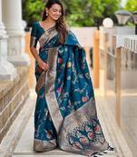 Teal elegant art silk woven saree with rich zari border