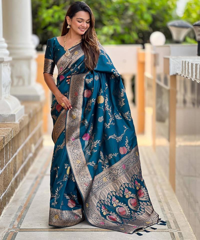 Teal elegant art silk woven saree with rich zari border
