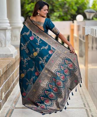 Teal elegant art silk woven saree with rich zari border 2