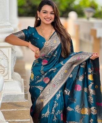 Teal elegant art silk woven saree with rich zari border 3