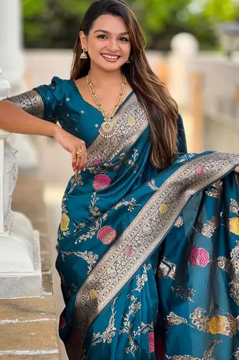 Teal elegant art silk woven saree with rich zari border