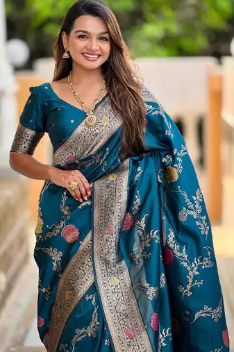 Teal elegant art silk woven saree with rich zari border