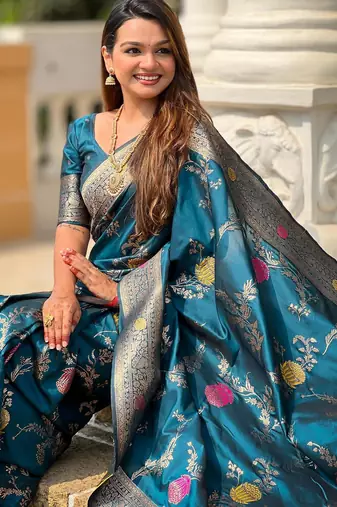 Teal elegant art silk woven saree with rich zari border