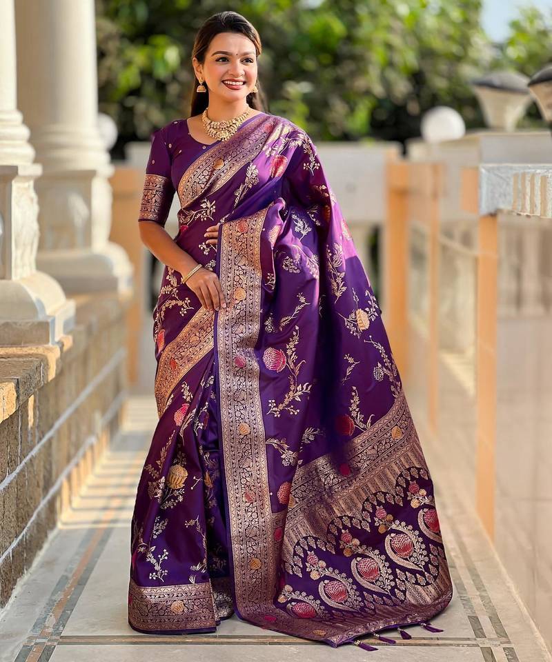 Wine elegant art silk woven saree with rich zari border