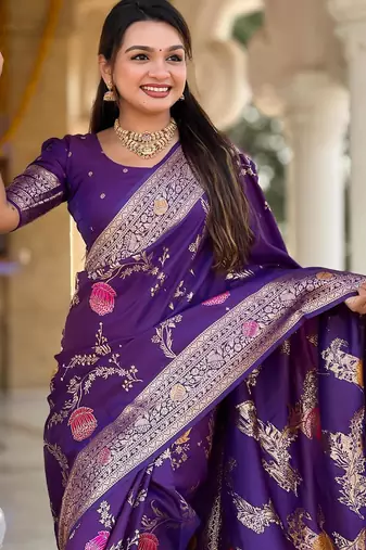 Wine elegant art silk woven saree with rich zari border
