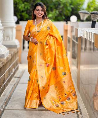 Yellow elegant art silk woven saree with rich zari border 1