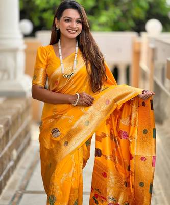 Yellow elegant art silk woven saree with rich zari border 3