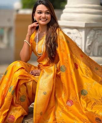Yellow elegant art silk woven saree with rich zari border 5