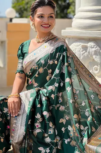 Green elegant art silk woven saree with rich zari border