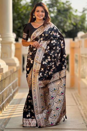 Black elegant art silk woven saree with rich zari border