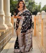 Black elegant art silk woven saree with rich zari border