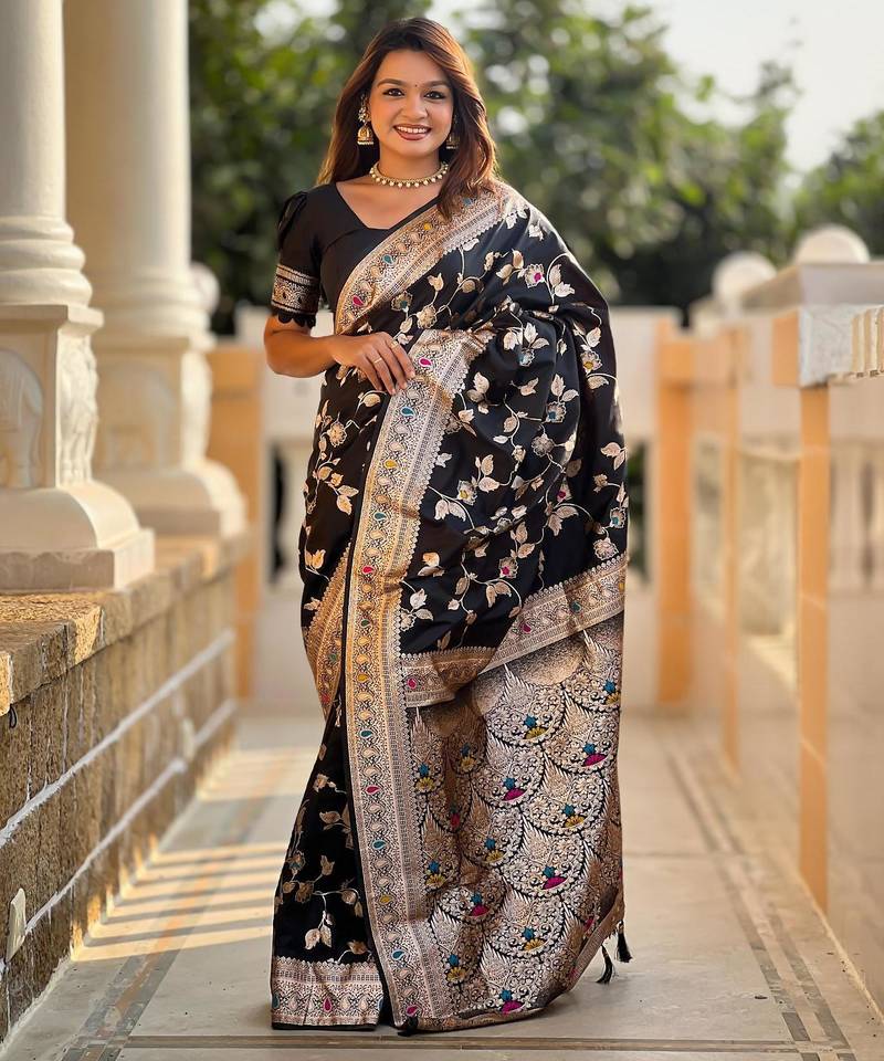 Black elegant art silk woven saree with rich zari border