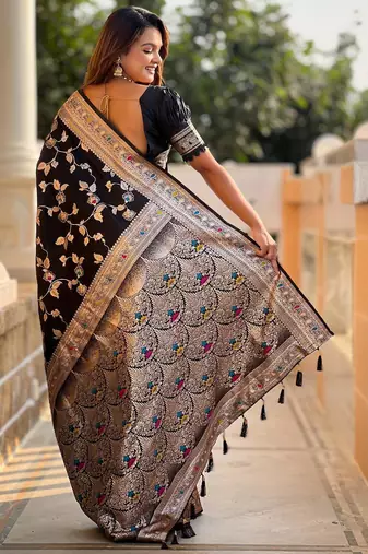 Black elegant art silk woven saree with rich zari border