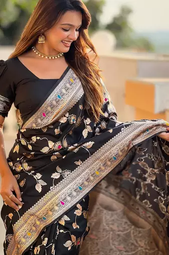 Black elegant art silk woven saree with rich zari border