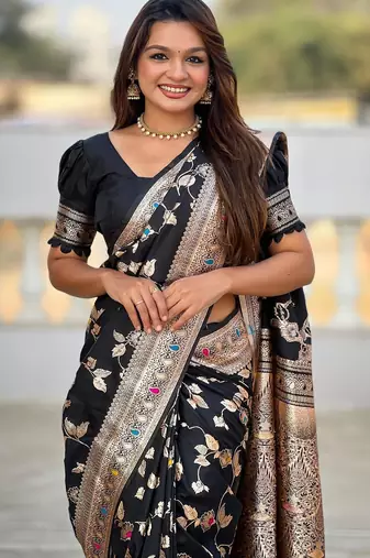 Black elegant art silk woven saree with rich zari border