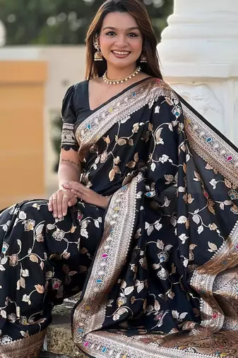 Black elegant art silk woven saree with rich zari border