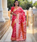 Pink elegant art silk woven saree with rich zari border