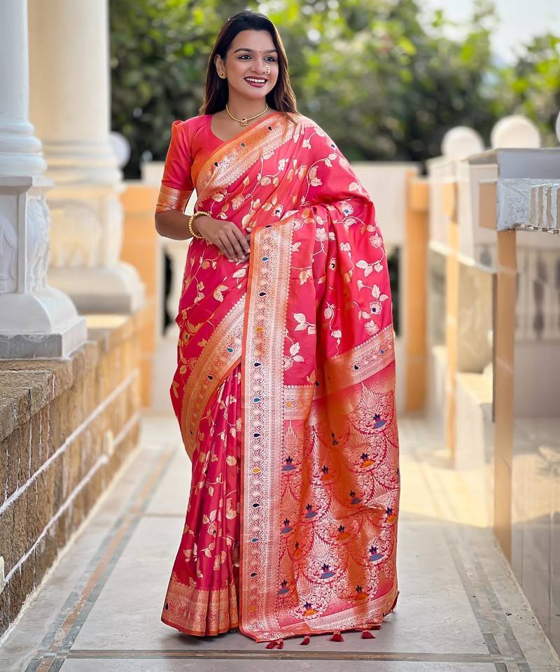 Pink elegant art silk woven saree with rich zari border