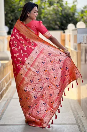 Pink elegant art silk woven saree with rich zari border