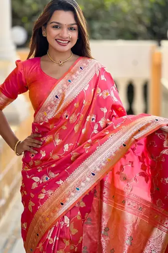 Pink elegant art silk woven saree with rich zari border