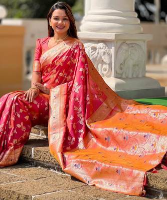 Pink elegant art silk woven saree with rich zari border 5