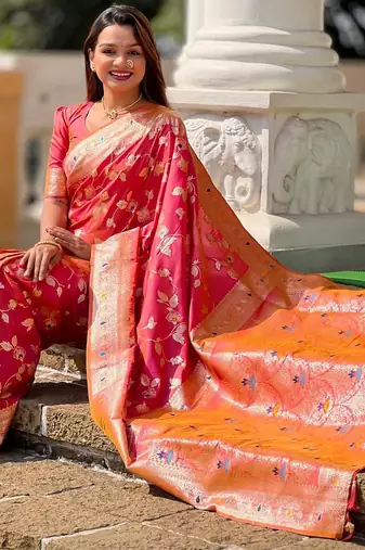 Pink elegant art silk woven saree with rich zari border