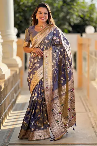 Grey elegant art silk woven saree with rich zari border
