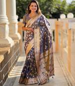 Grey elegant art silk woven saree with rich zari border
