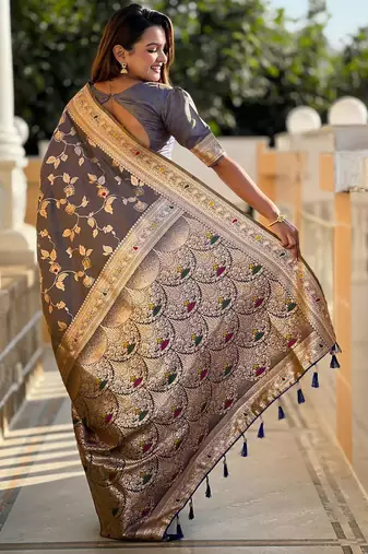 Grey elegant art silk woven saree with rich zari border