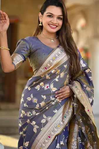 Grey elegant art silk woven saree with rich zari border