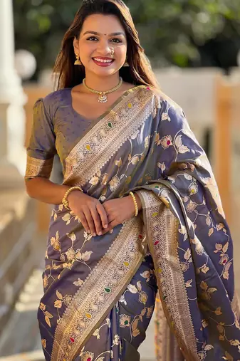 Grey elegant art silk woven saree with rich zari border