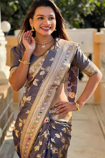 Grey elegant art silk woven saree with rich zari border