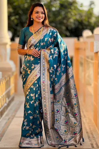Turquoise elegant art silk woven saree with rich zari border