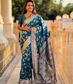 Turquoise elegant art silk woven saree with rich zari border