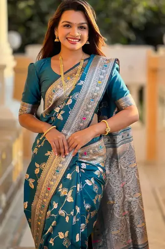 Turquoise elegant art silk woven saree with rich zari border