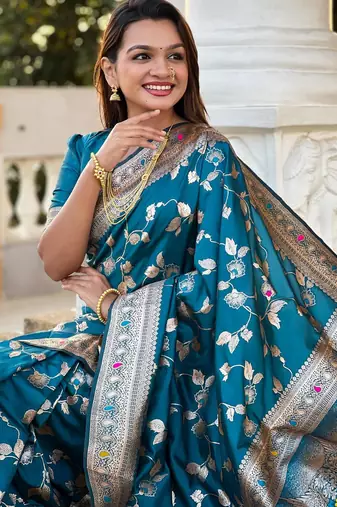 Turquoise elegant art silk woven saree with rich zari border